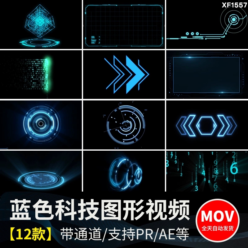 蓝色科技感数字化赛博朋克图形元素动画透明底通道pr/ae视频素材-天天资源共享