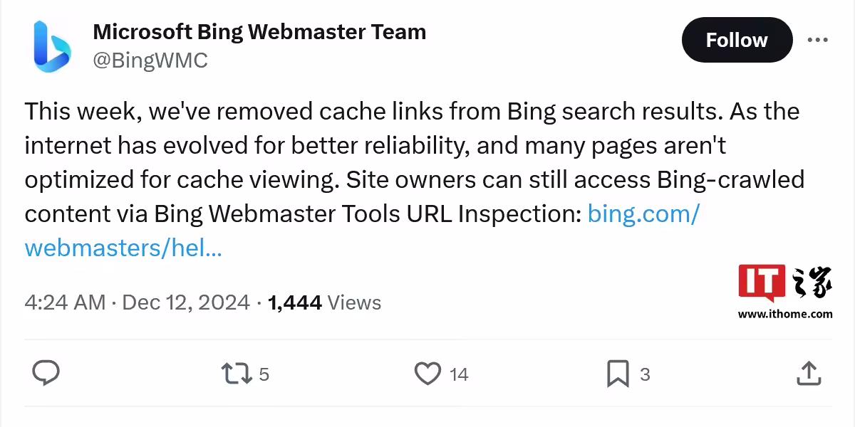 跟随谷歌:微软 Bing 必应搜索结果页面不再提供网页缓存链接 跟随谷歌:微软 Bing 必应搜索结果页面不再提供网页缓存链接插图